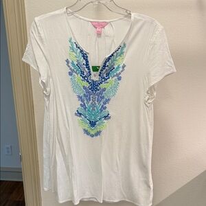 Lilly Pulitzer White Top with Blue and Green Embroidery